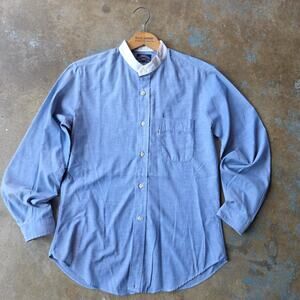 Vintage Levis Band Collar Chambray Shirt Size L Mandarin Blue White Button Down